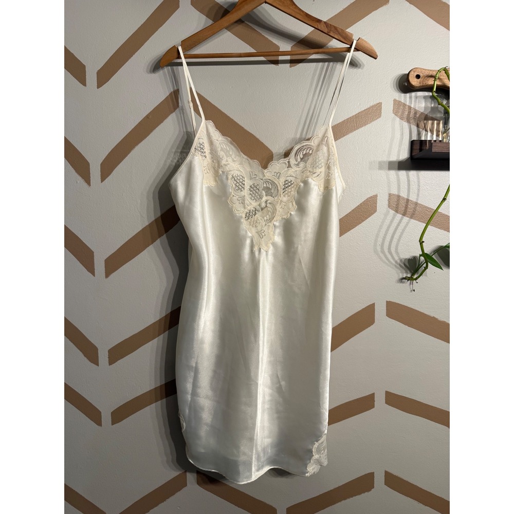 Victoria Secret Slip Dress Womens Large Off White Vintage Gold Label Lace Trim